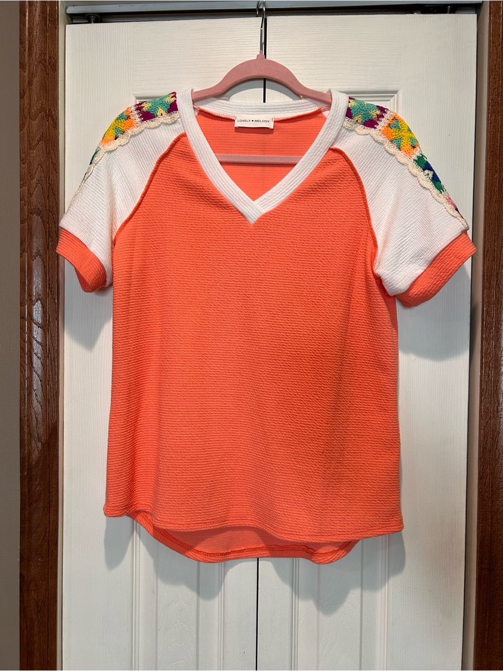 Coral V-Neck Top with Floral Crochet Shoulders
